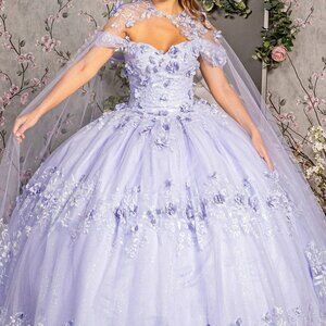 New Maxi Sleeveless Mesh Dress w/ Floral Applique & Removable Cape GL3179